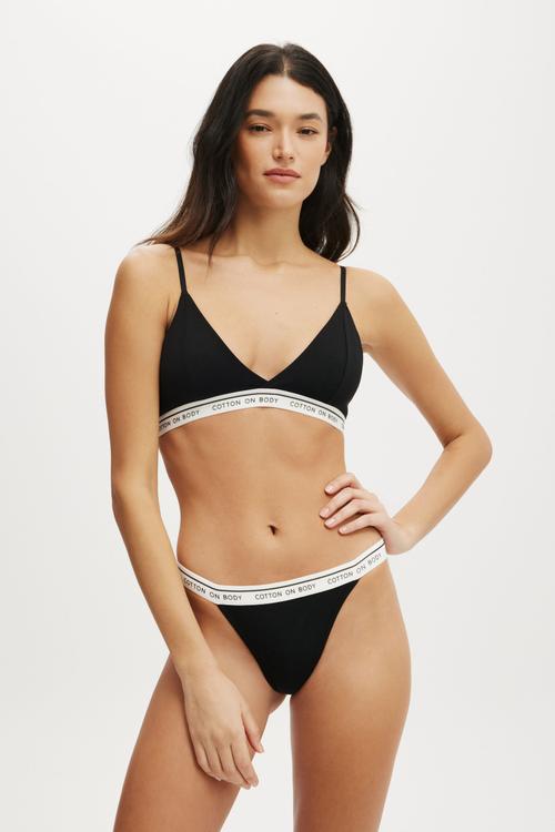 Branded Cotton Cross Over Bralette - Black