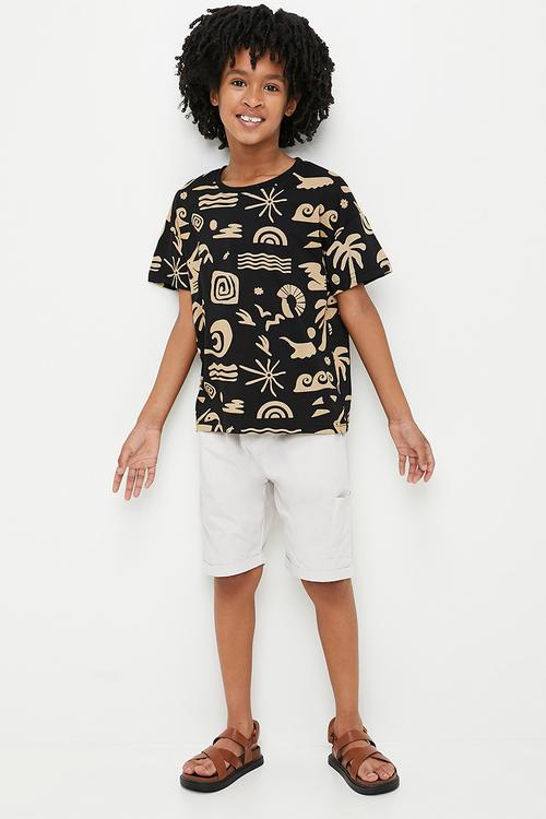 Sea theme printed tee & plain shorts - black/ivory