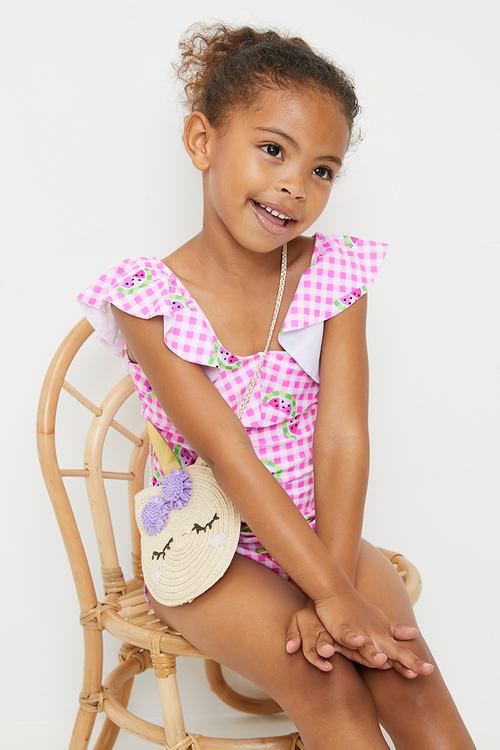 Cherry all-over-print swimsuit - pink gingham