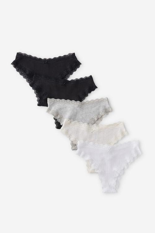 Organic Cotton Lace Cheeky Brief 5Pk - Black/Black/Greymrle/Bscotchmrle/White