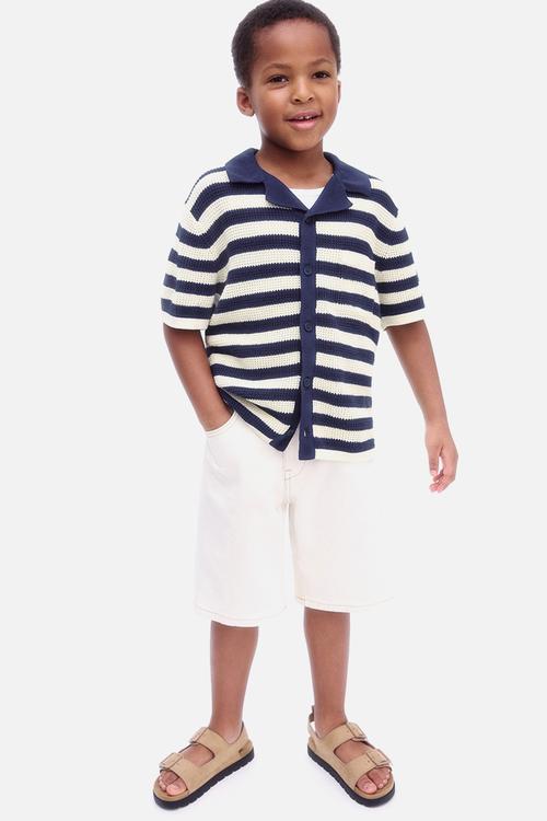 Knitted resort shirt - navy blue & white striped