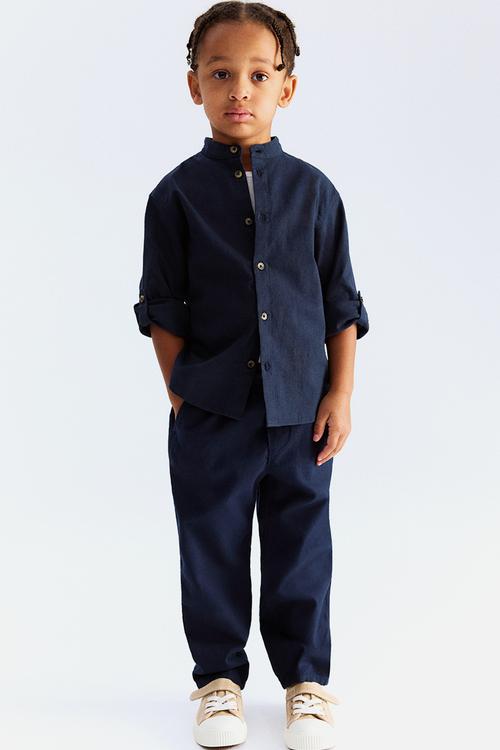 Linen-blend grandad shirt - navy blue