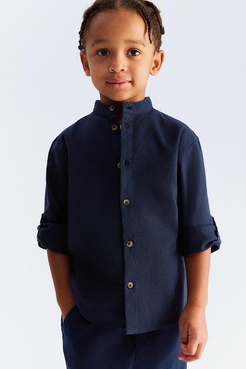 Linen-blend grandad shirt - navy blue