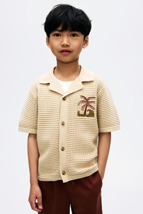 Knitted resort shirt - beige & palm tree