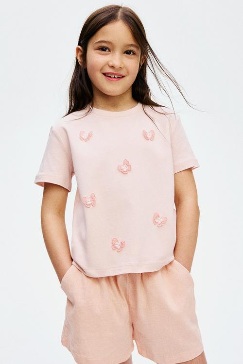 Motif-detail t-shirt - light pink butterflies