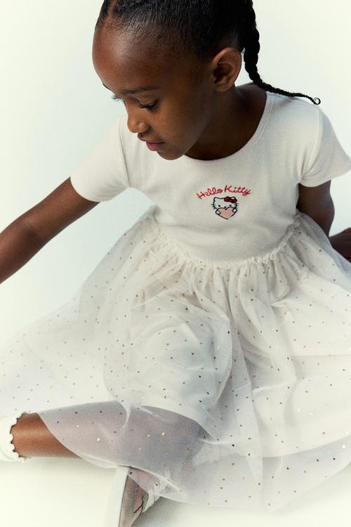 Motif-detail tulle skirt dress - white hello kitty