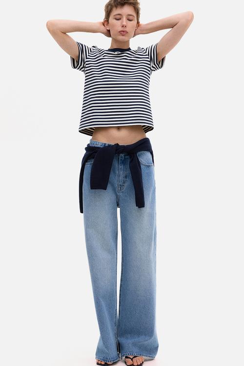 Cotton T-shirt - navy blue/striped