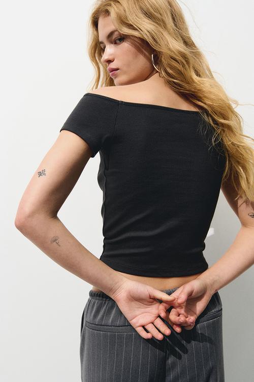 Ribbed boat-neck top - dark grey