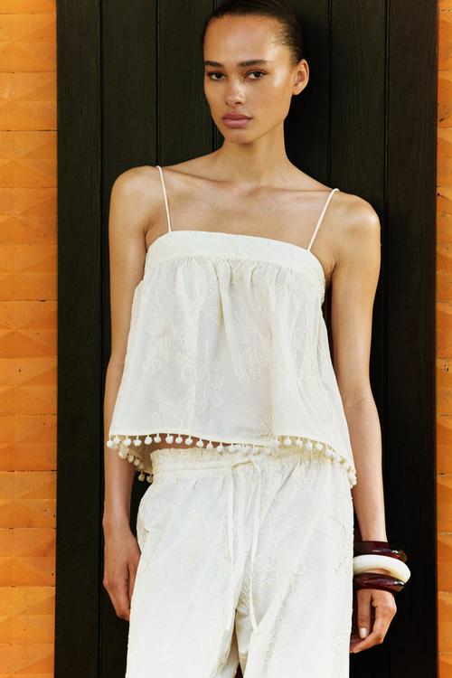 Embroidered strappy top - cream