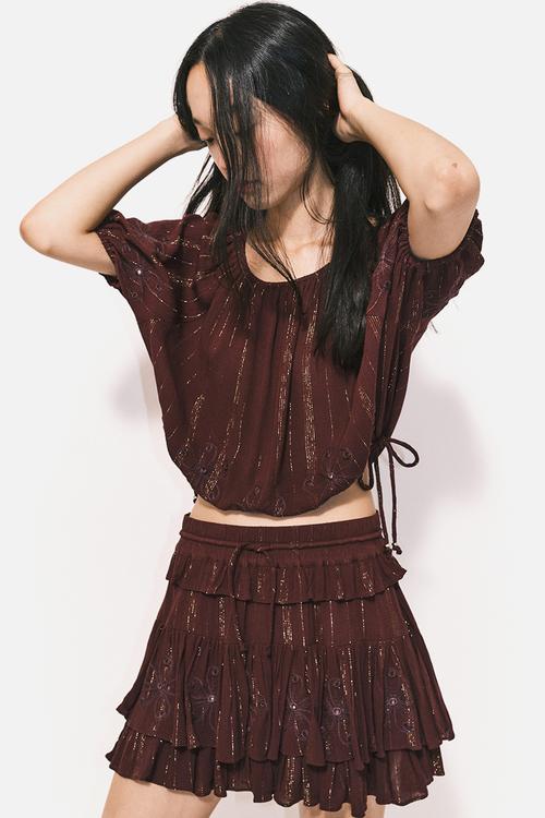 Flounced mini skirt - burgundy 