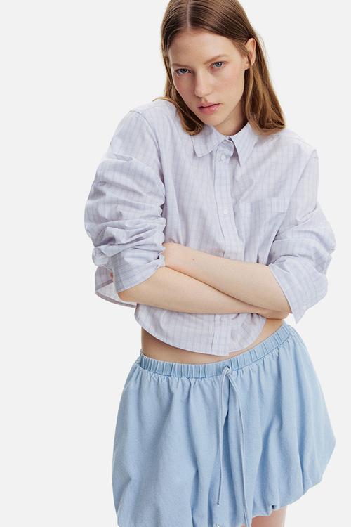 Cropped cotton shirt - light blue checked 