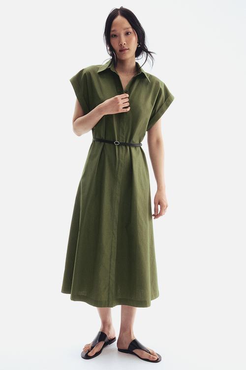 Belted poplin dress - green