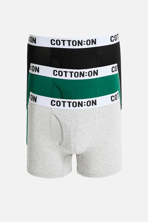Mens Organic Cotton Trunks- 3 Pack - Black/Light Grey Marle/Emerald