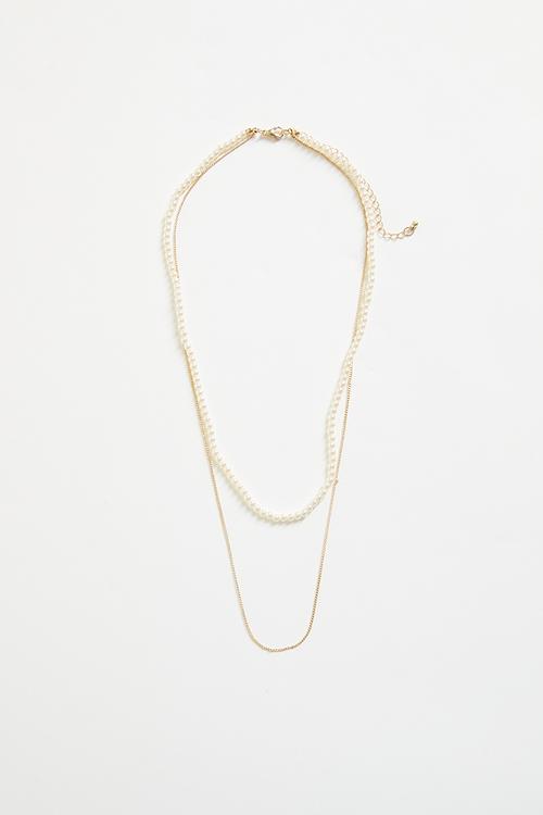 Pearl and Chain Double Layered Necklace - gold