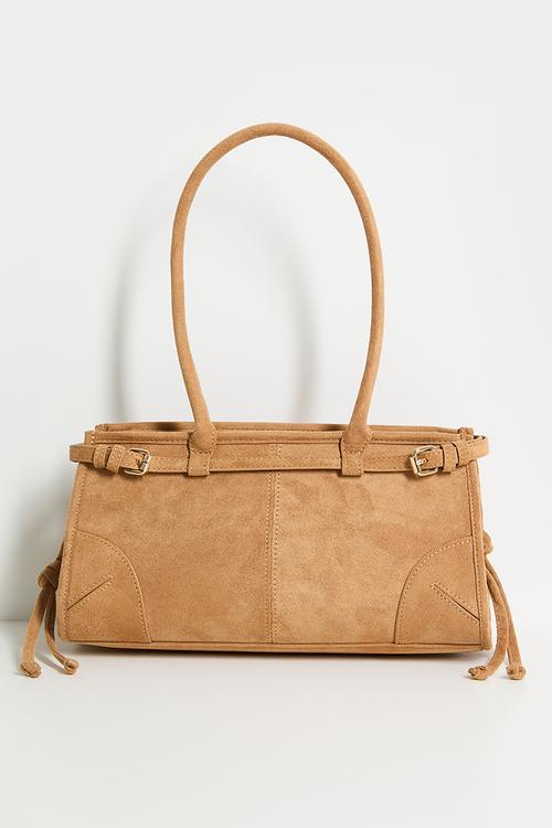 Faux Suede Buckle Trim Baguette Shoulder Bag - Tan