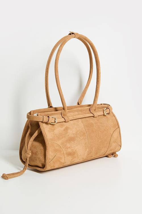 Faux Suede Buckle Trim Baguette Shoulder Bag - Tan