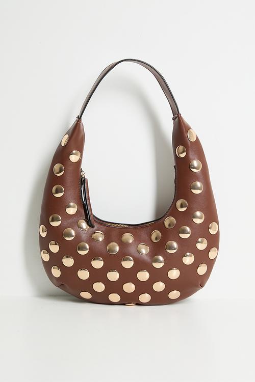 Stud Trim Distressed Slouchy Shoulder Bag - chocolate