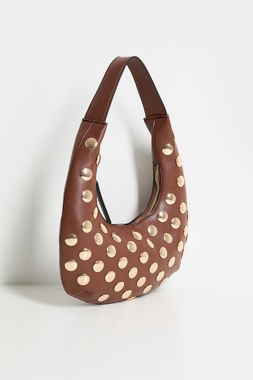 Half Moon Studded Leather Look Shoulder Bag - Chocolate