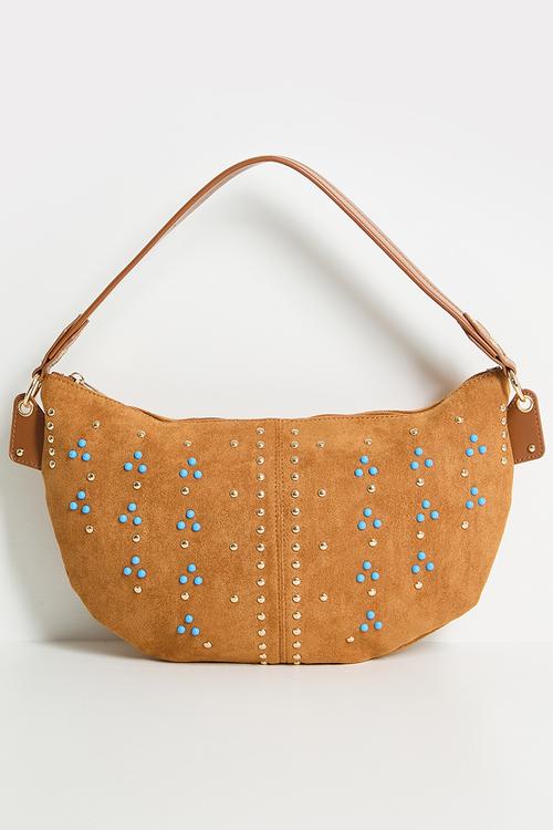 Studded Faux Suede Shoulder Bag- tan