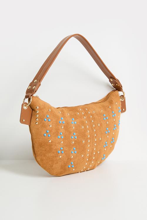 Studded Faux Suede Shoulder Bag- tan