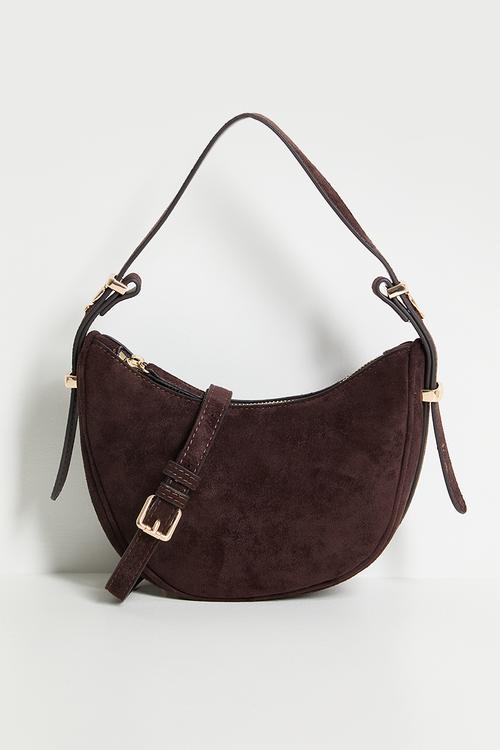 Faux Suede Half Moon Structured Grab Bag- chocolate