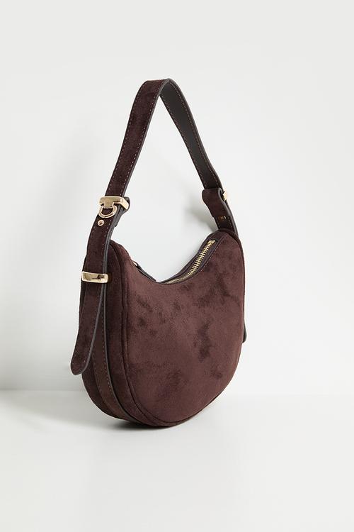 Faux Suede Half Moon Structured Grab Bag- chocolate