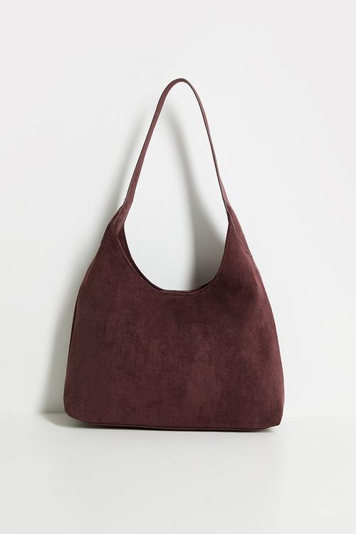 Faux Suede Structured Shoulder Bag - chocolate