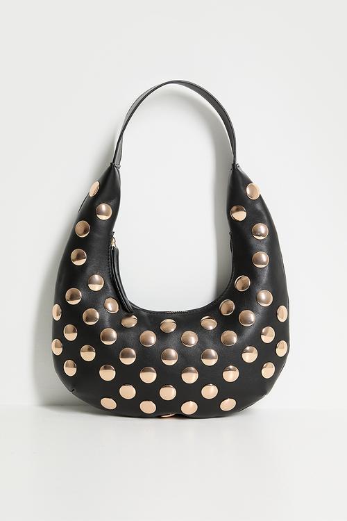 Half Moon Studded Leather Look Shoulder Bag - black