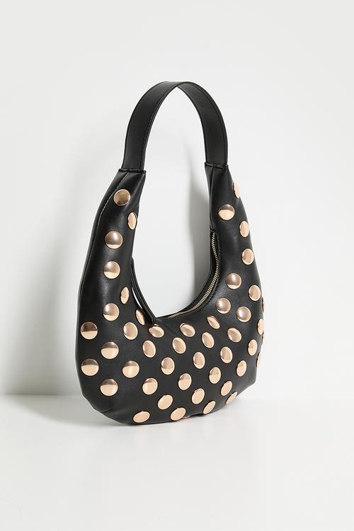 Half Moon Studded Leather Look Shoulder Bag - black