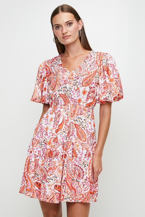 V-Neck Puff S/Slve Midi Dress With Embellishment - Multi Orange