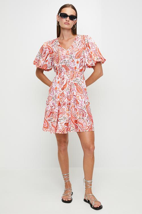 V-Neck Puff S/Slve Midi Dress With Embellishment - Multi Orange