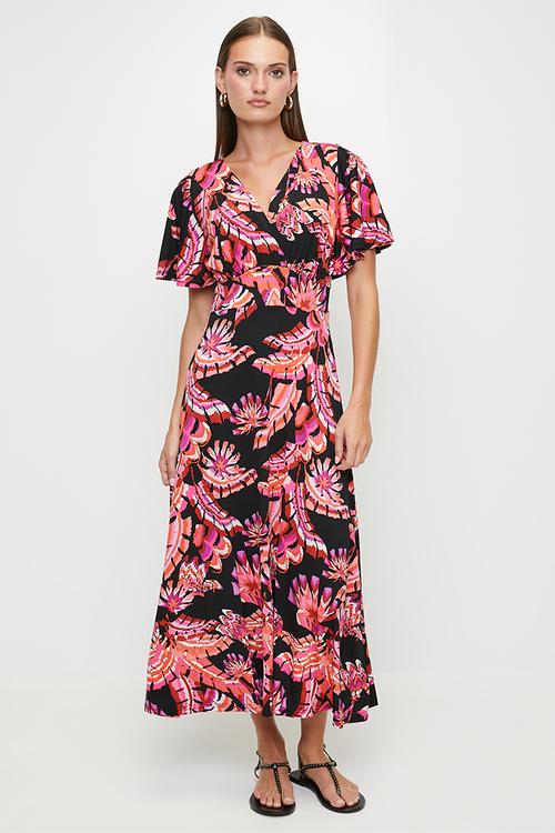 S/Slve Flutter V-Neck Crossover Wrap Maxi Dress - Multi Black