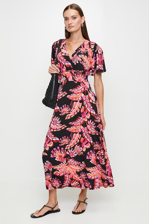 S/Slve Flutter V-Neck Crossover Wrap Maxi Dress - Multi Black
