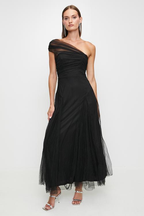 Black mesh one shoulder dress - black