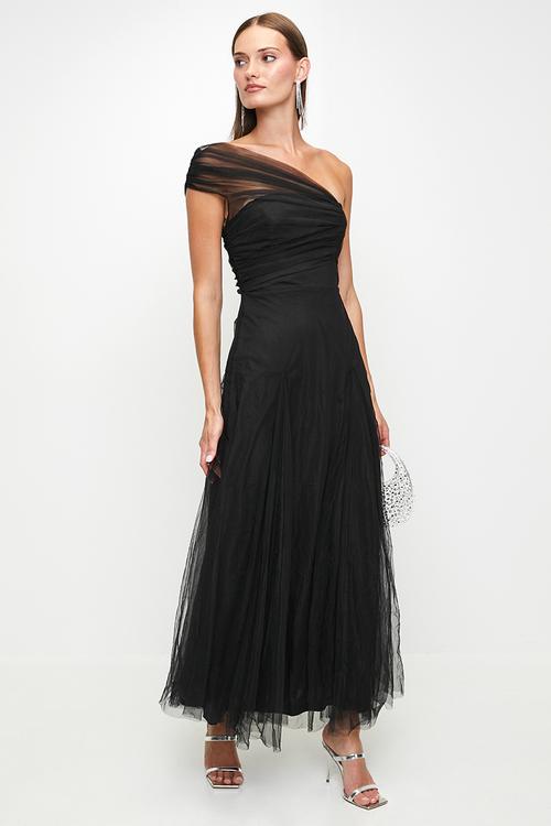 Black mesh one shoulder dress - black