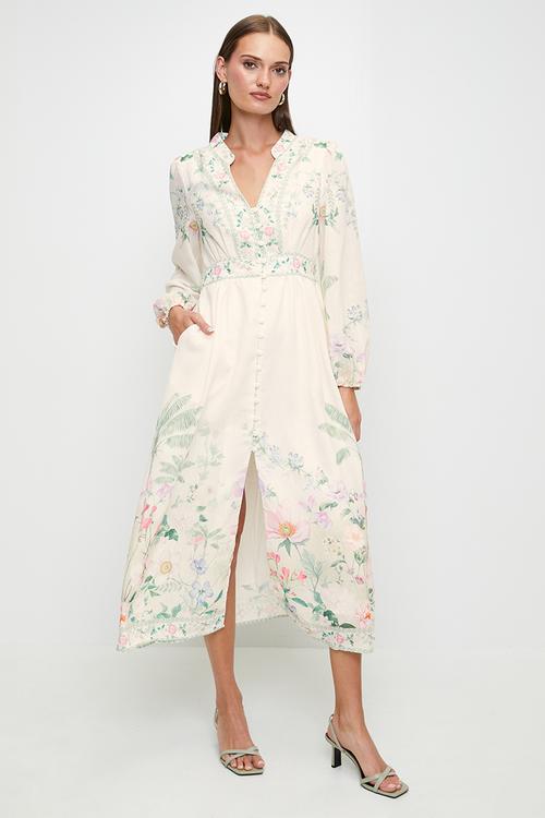 Tropical border printed dress - Cream Floral