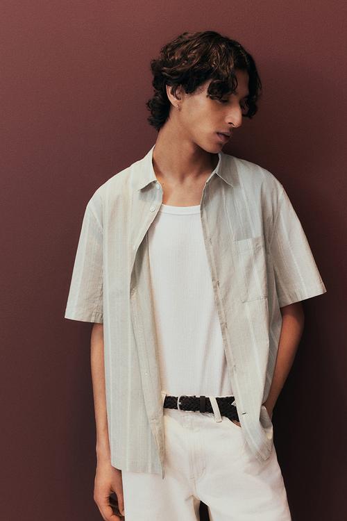 Regular fit short-sleeved shirt - greige striped