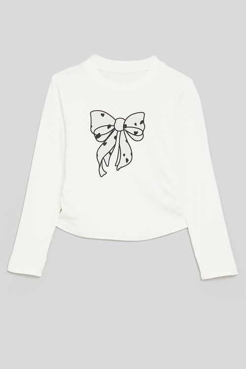 Long sleeve tee with bow placement print - white
