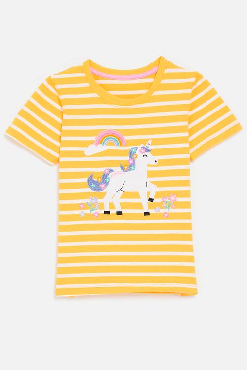 Unicorn embroidered crew neck tee - yellow stripes