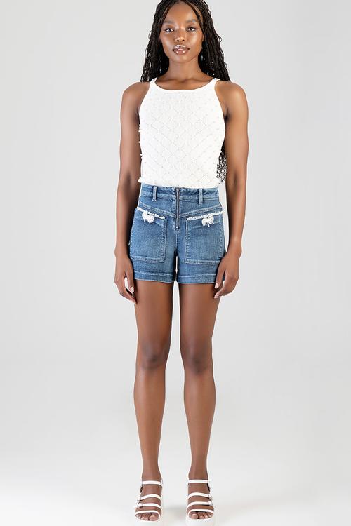 High Waist Shorts With Front Zip And Pocket Detail - Med Vintage