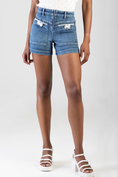 High Waist Shorts With Front Zip And Pocket Detail - Med Vintage