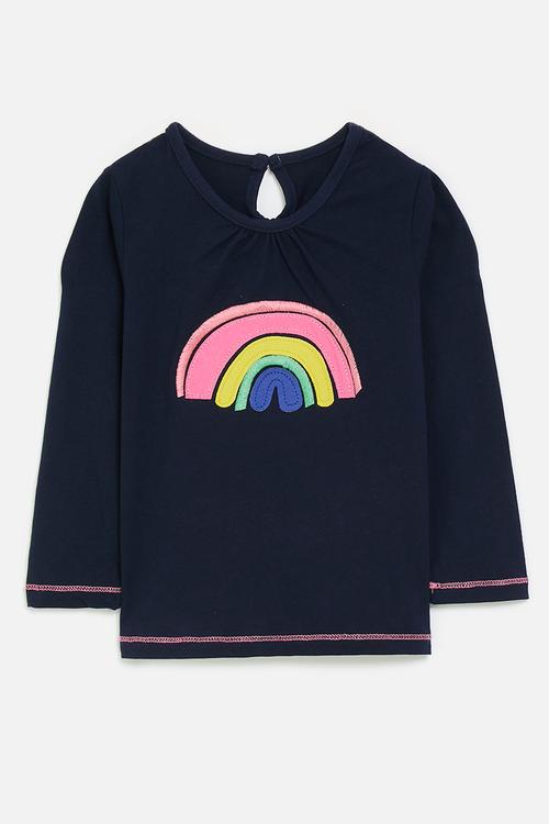 Rainbow applique and embroidery tee with keyhole - navy
