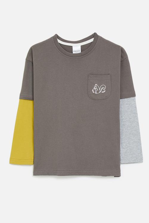 Contrast sleeve twofer tee with pocket squirrel - grey brown