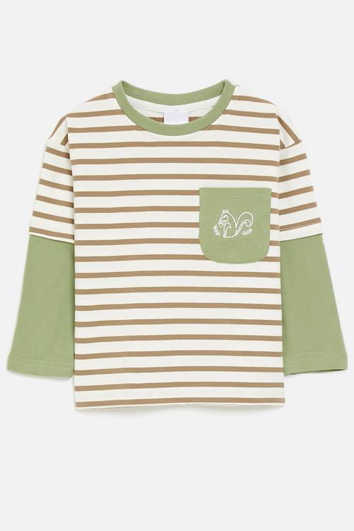 Twofer tee with pocket squirrel - green/light brown stripe