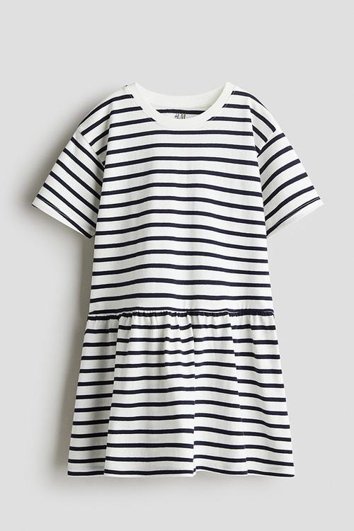 Cotton jersey dress - navy blue & white stripes