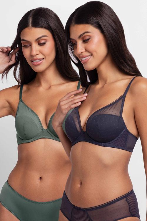 Madison 2 pack plunge bras - green & grey 