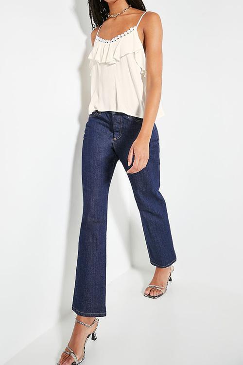 Soft ruffle crinkle cami with trim - white