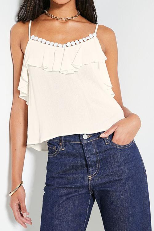 Soft ruffle crinkle cami with trim - white