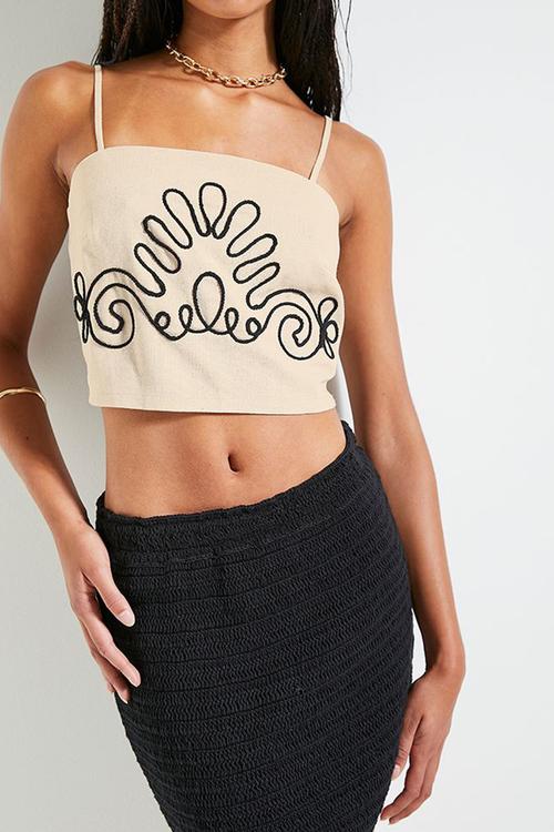 Co-ord embroidered linen cami - neutral