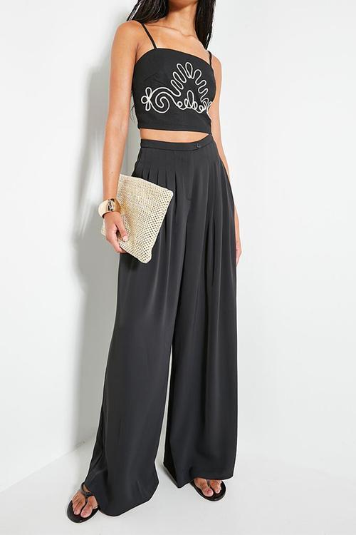 Co-ord embroidered linen cami - black